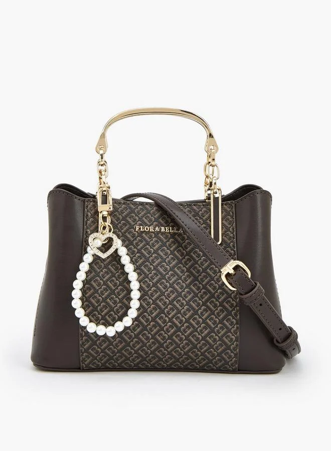 Flora Bella By Shoexpress Floral Print Bag With Metallic Handles, Pearl Charm, And A Detachable Shoulder Strap